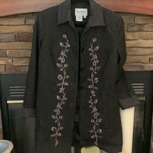 New Pamela McCoy xs Black denim coat with embroidery.